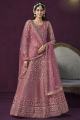 Pink Net Resham_Embroidery Full Sleeve Round Neck Anarkali Salwar Kameez