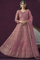 Pink Net Resham_Embroidery Full Sleeve Round Neck Anarkali Salwar Kameez