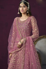 Pink Net Resham_Embroidery Full Sleeve Round Neck Anarkali Salwar Kameez