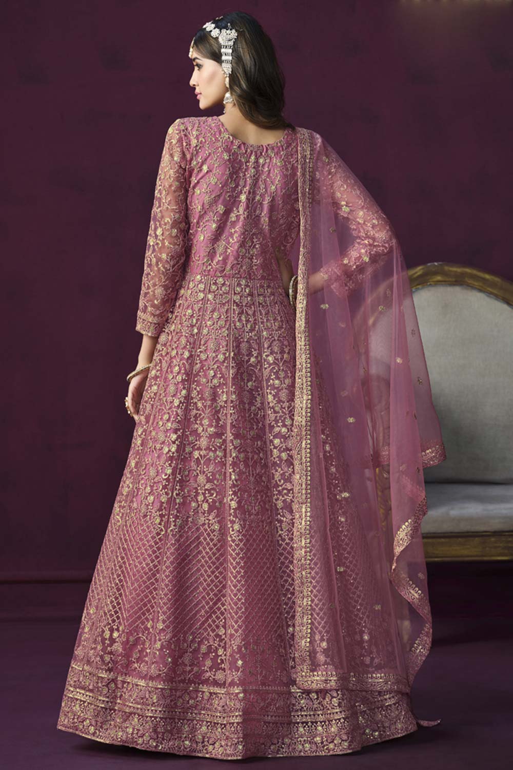 Pink Net Resham_Embroidery Full Sleeve Round Neck Anarkali Salwar Kameez