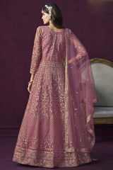 Pink Net Resham_Embroidery Full Sleeve Round Neck Anarkali Salwar Kameez