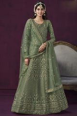 Green Net Resham_Embroidery Full Sleeve Round Neck Anarkali Salwar Kameez