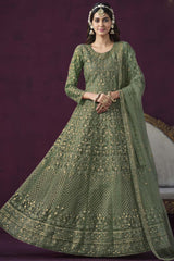 Green Net Resham_Embroidery Full Sleeve Round Neck Anarkali Salwar Kameez