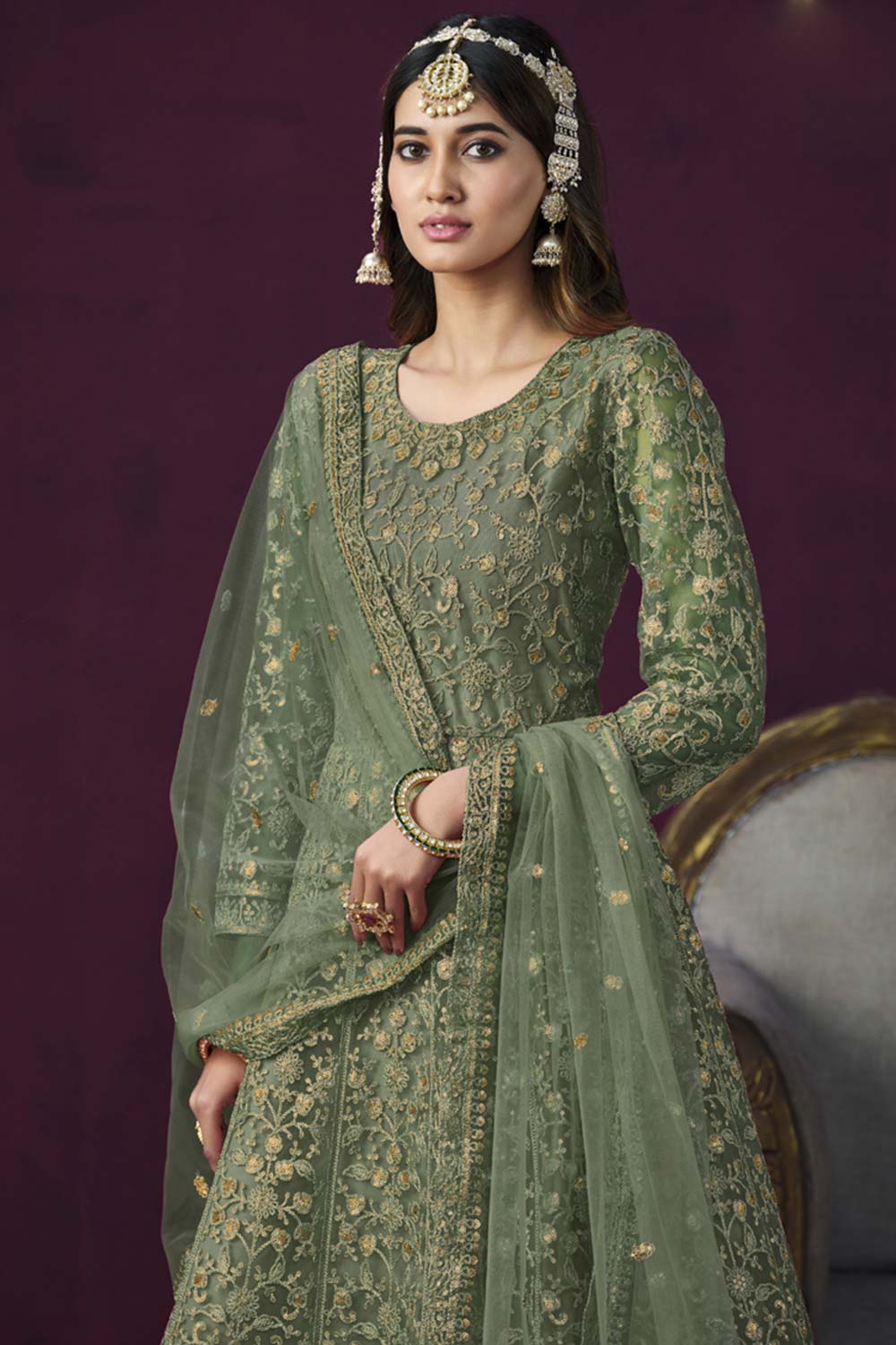 Green Net Resham_Embroidery Full Sleeve Round Neck Anarkali Salwar Kameez