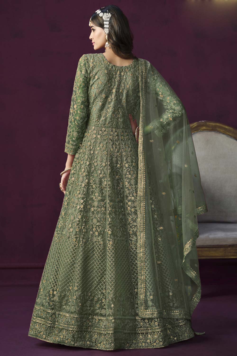 Green Net Resham_Embroidery Full Sleeve Round Neck Anarkali Salwar Kameez