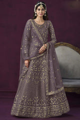 Purple Net Resham_Embroidery Full Sleeve Round Neck Anarkali Salwar Kameez