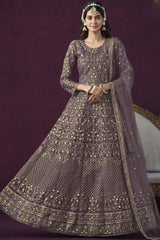 Purple Net Resham_Embroidery Full Sleeve Round Neck Anarkali Salwar Kameez