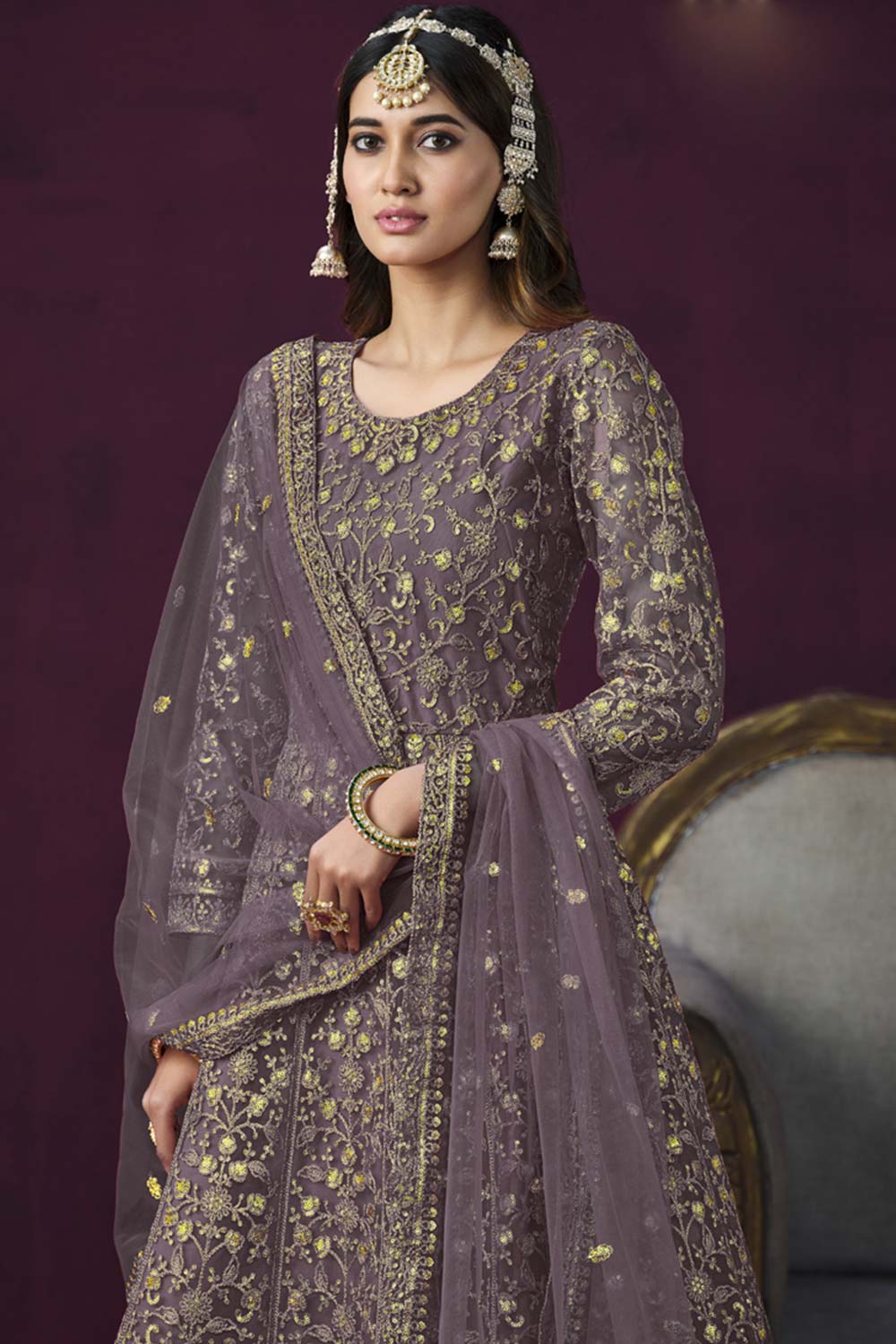 Purple Net Resham_Embroidery Full Sleeve Round Neck Anarkali Salwar Kameez