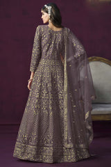 Purple Net Resham_Embroidery Full Sleeve Round Neck Anarkali Salwar Kameez