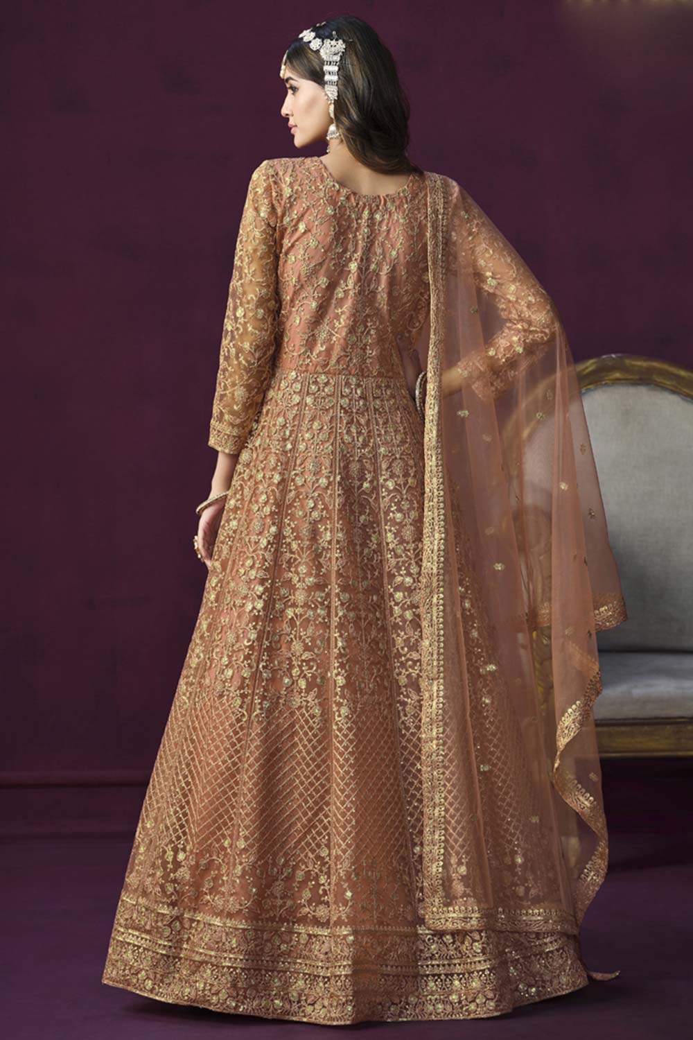 Orange Net Resham_Embroidery Full Sleeve Round Neck Anarkali Salwar Kameez