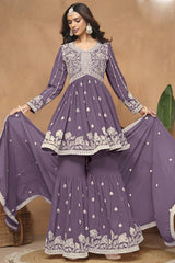 Purple Georgette Embroidered Full Sleeve V Neck Pakistani Salwar Kameez