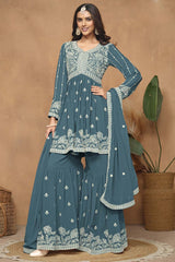 Grey Georgette Embroidered Full Sleeve V Neck Pakistani Salwar Kameez