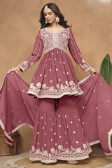 Peach Georgette Embroidered Full Sleeve V Neck Pakistani Salwar Kameez