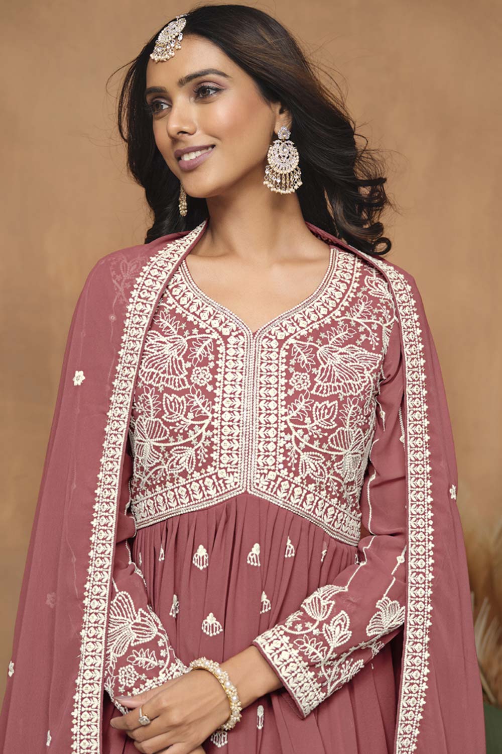 Peach Georgette Embroidered Full Sleeve V Neck Pakistani Salwar Kameez