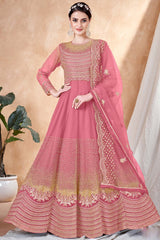 Peach Net Embroidery Anarkali Suit