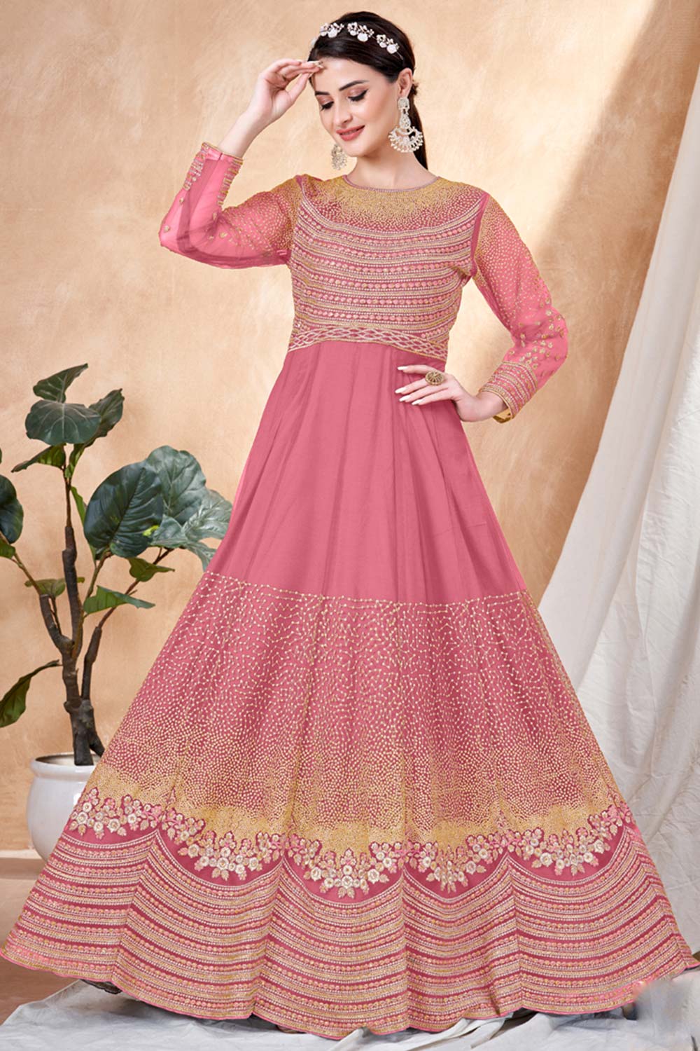 Peach Net Embroidery Anarkali Suit