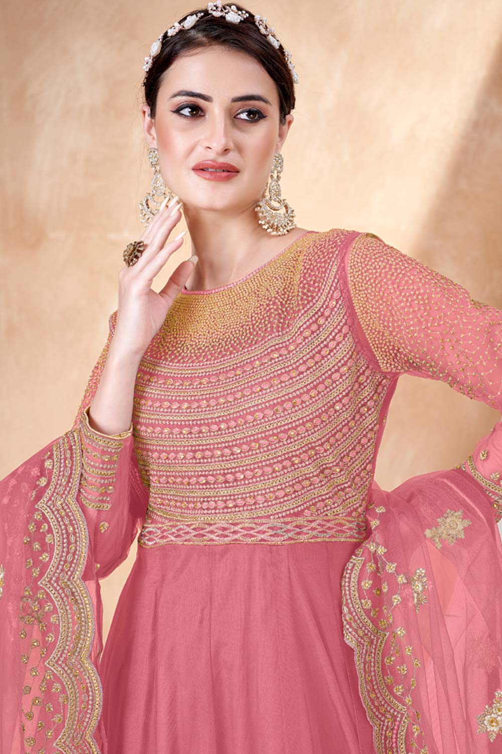 Peach Net Embroidery Anarkali Suit