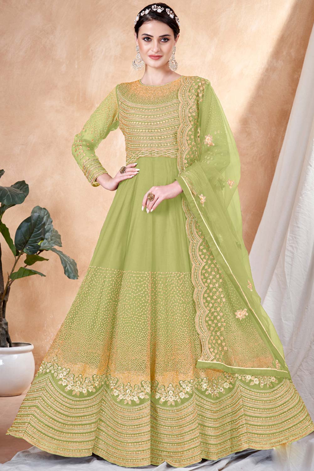 Lime Green Net Embroidery Anarkali Suit