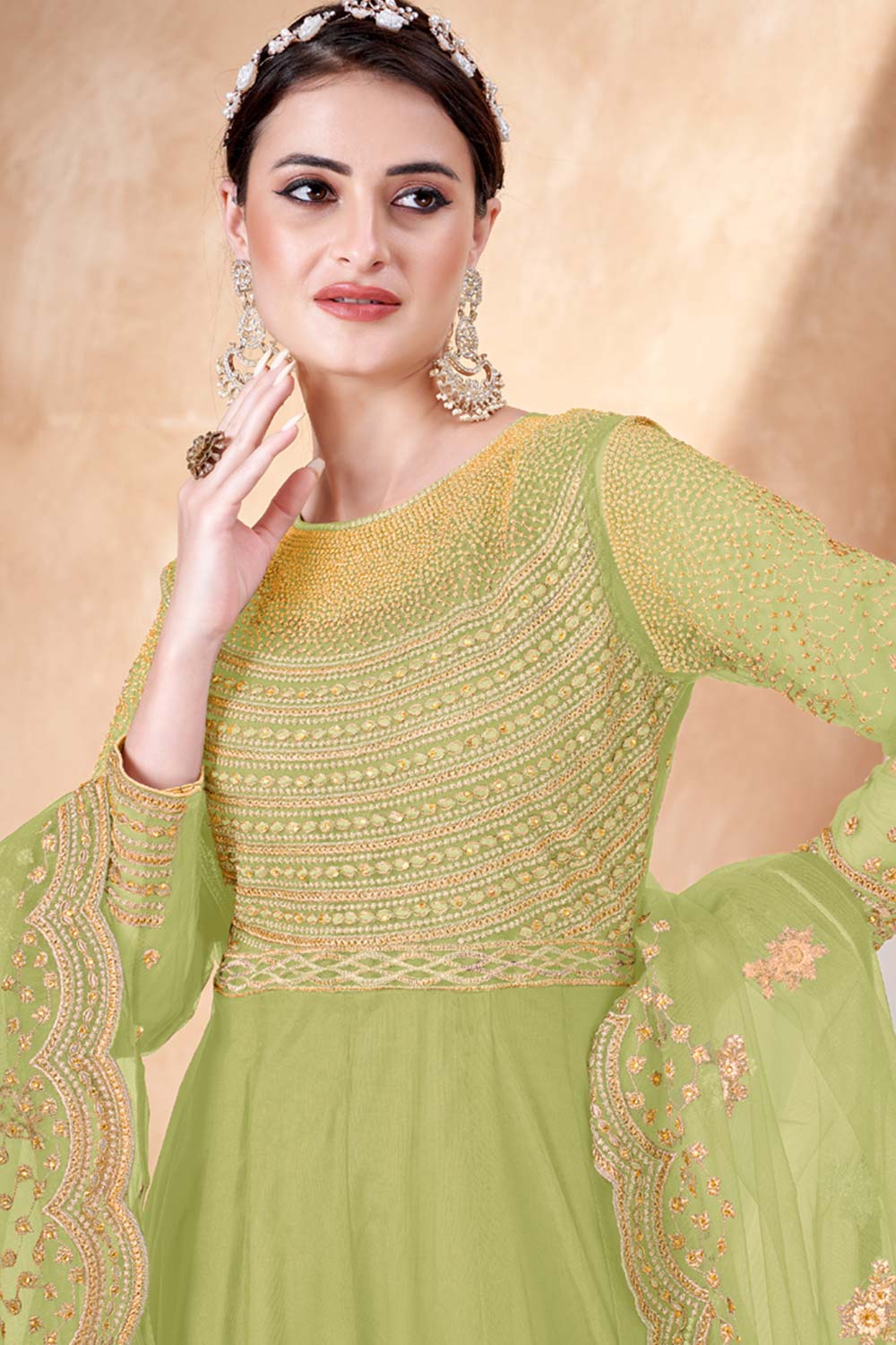 Lime Green Net Embroidery Anarkali Suit