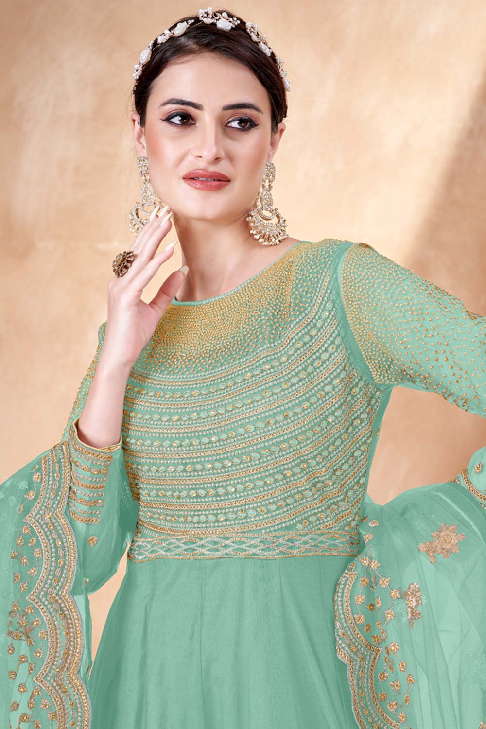 Bottel Green Net Embroidery Anarkali Suit