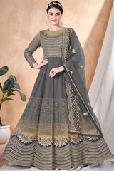 Grey Net Embroidery Anarkali Suit