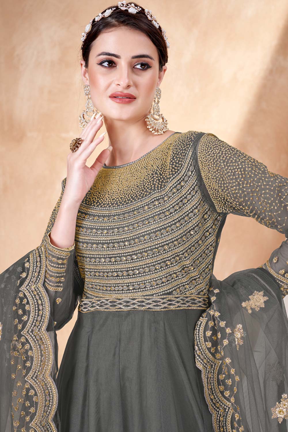 Grey Net Embroidery Anarkali Suit