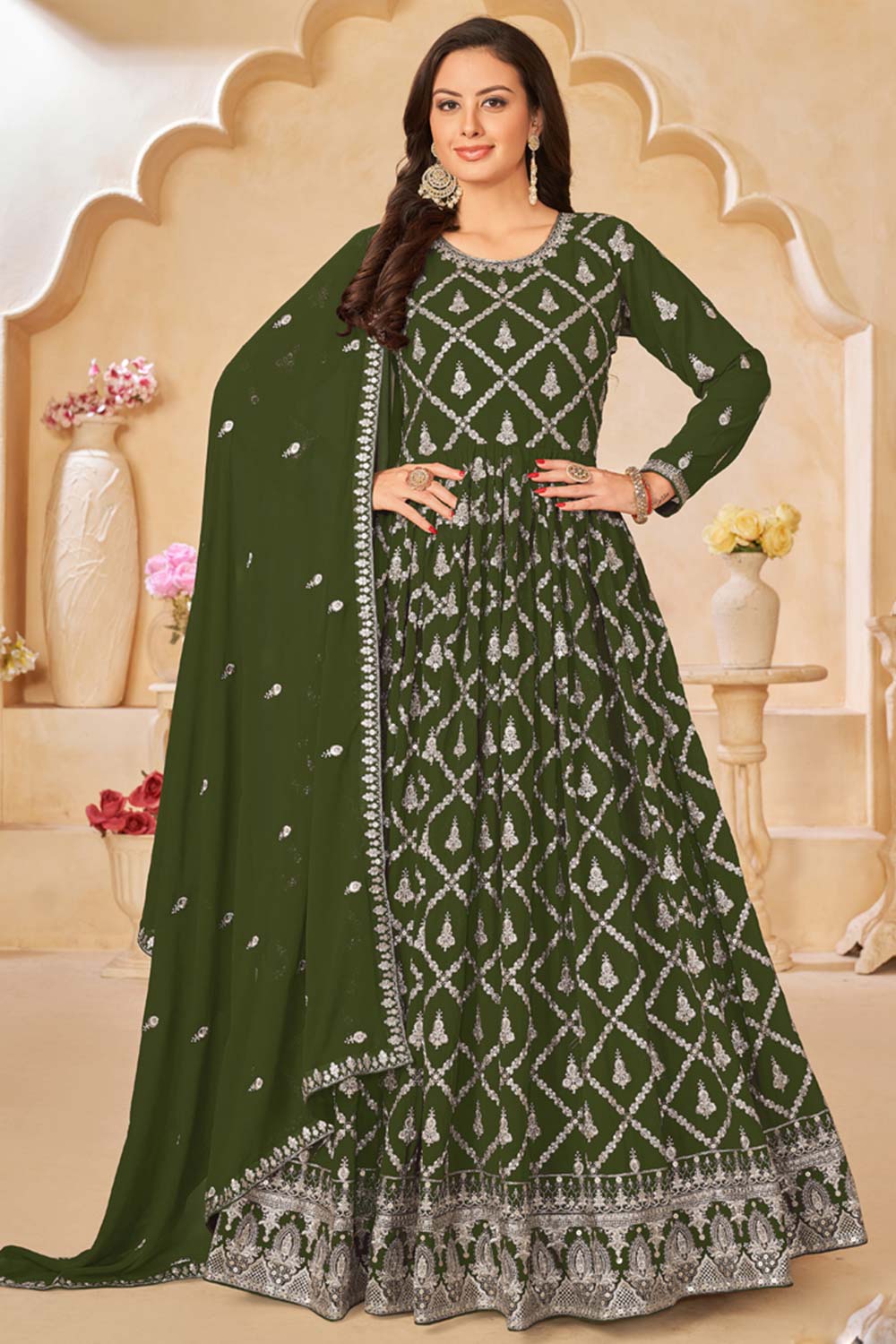 Mahendi Faux Georgette Embroidery Anarkali Suit