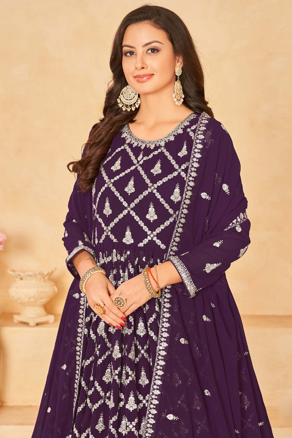 Purple Faux Georgette Embroidery Anarkali Suit