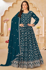 Aqua Blue Faux Georgette Embroidery Anarkali Suit