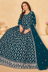 Aqua Blue Faux Georgette Embroidery Anarkali Suit