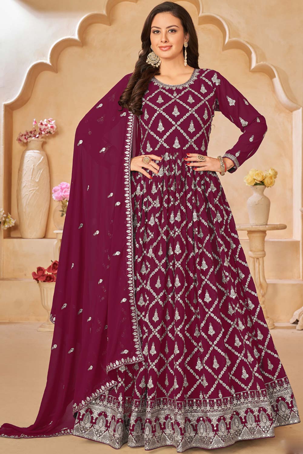 Wine Faux Georgette Embroidery Anarkali Suit