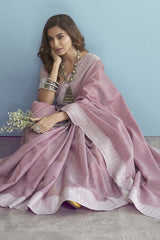 Pink Chikankari Silk Saree