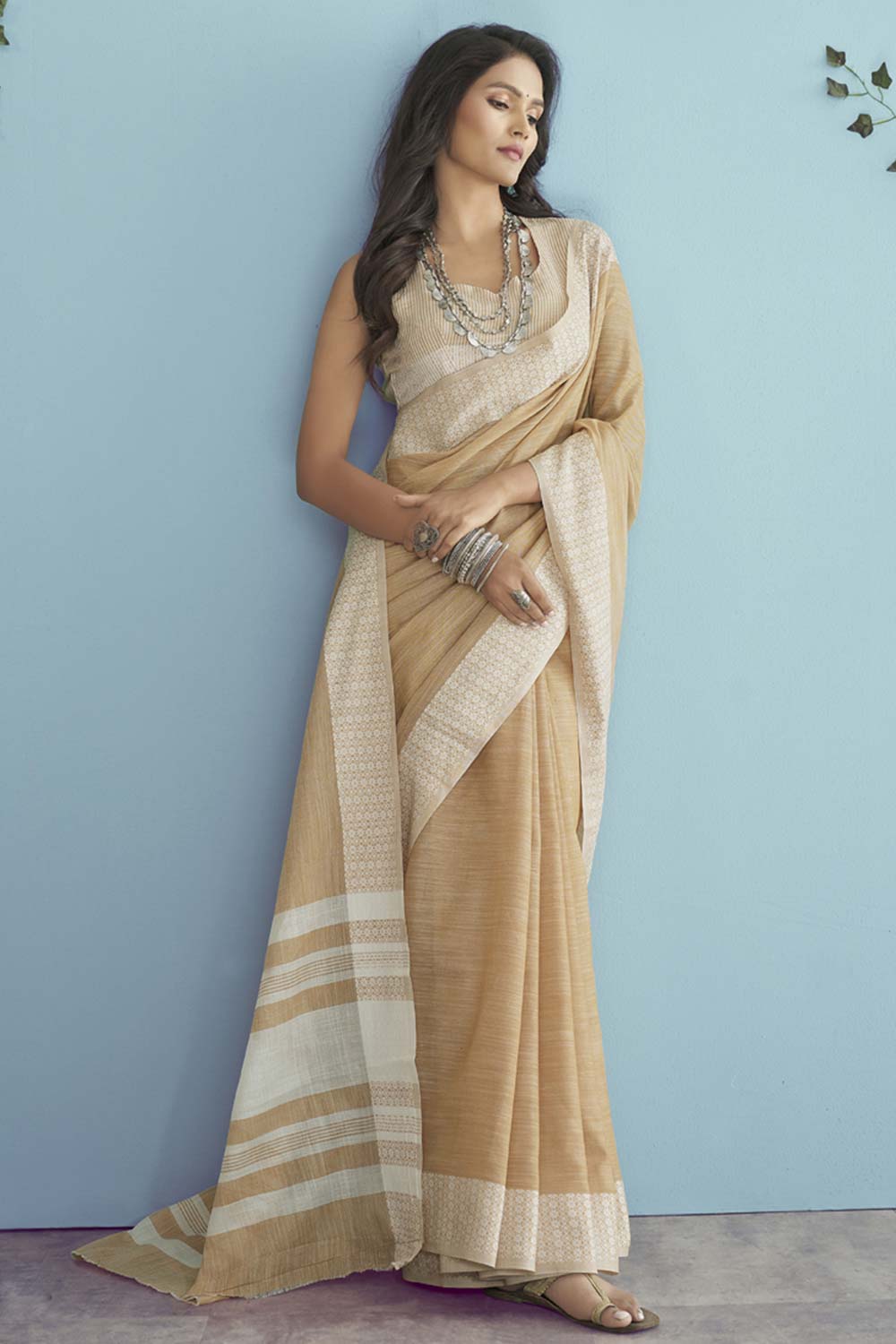 Beige Chikankari Silk Saree