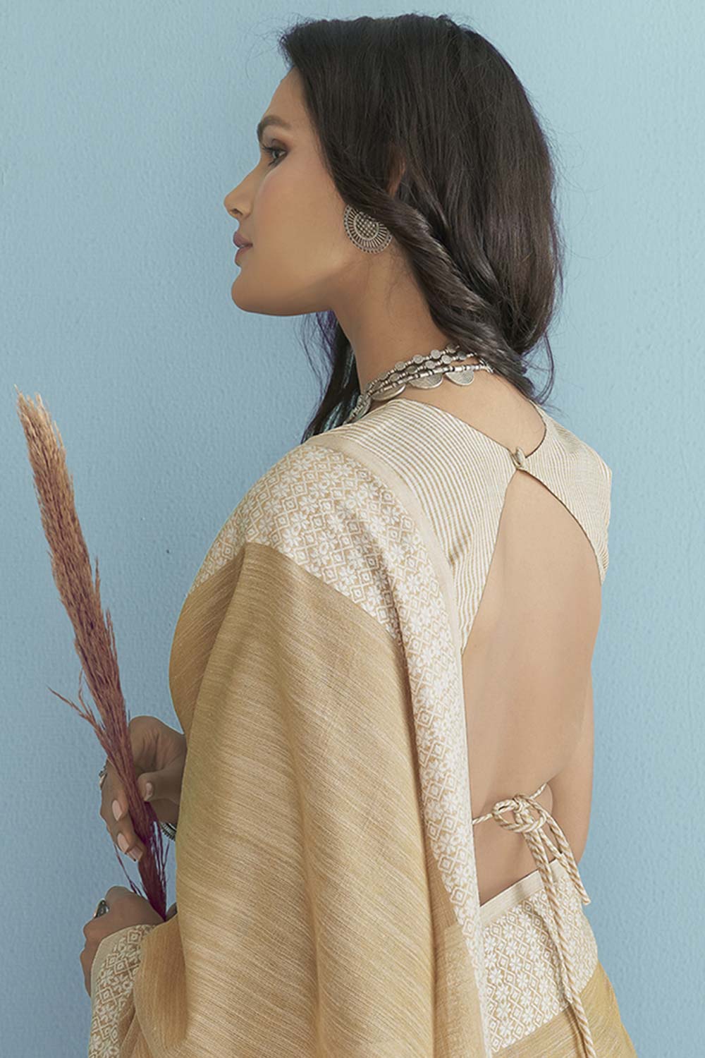 Beige Chikankari Silk Saree