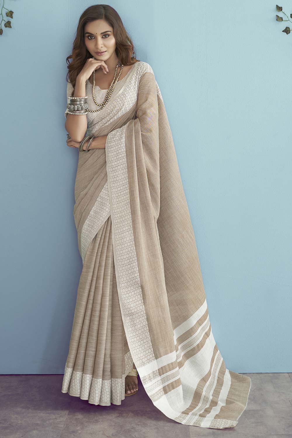 Beige Chikankari Silk Saree