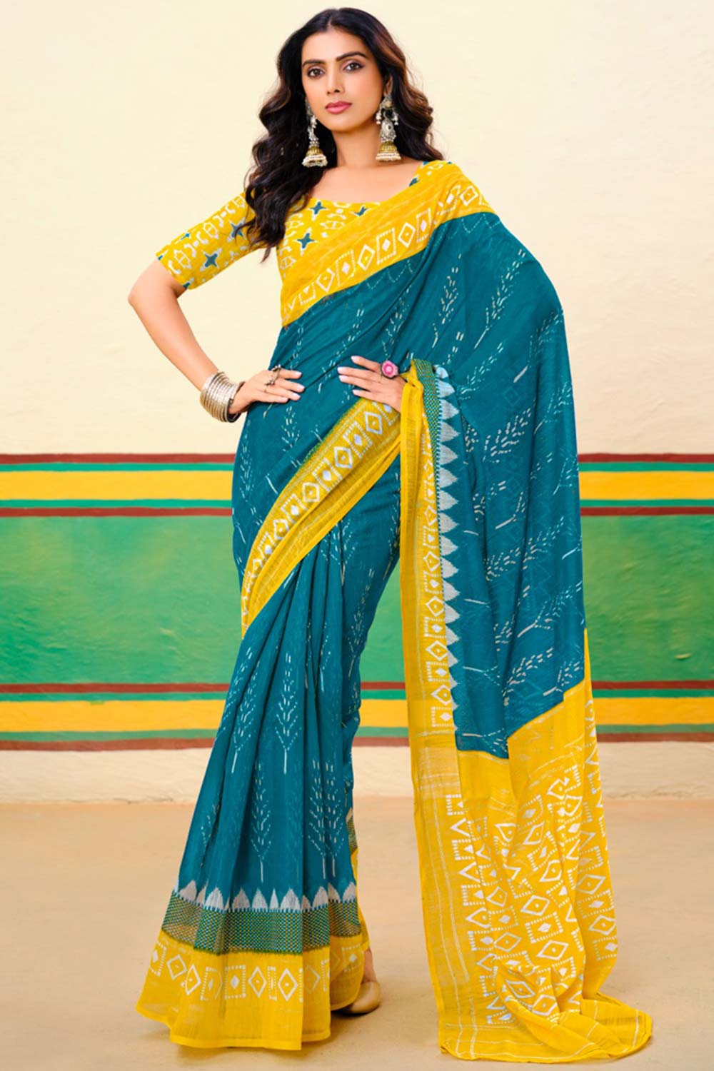 Yellow Printed Cotton Saree