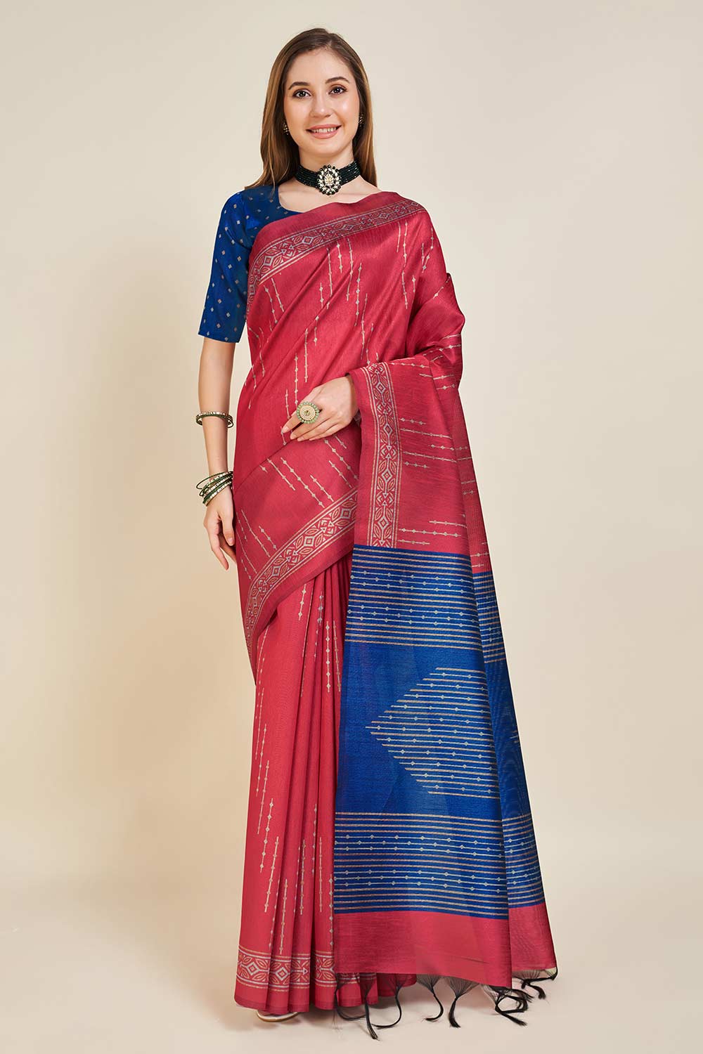 Red Sofi Silk Geometric Saree