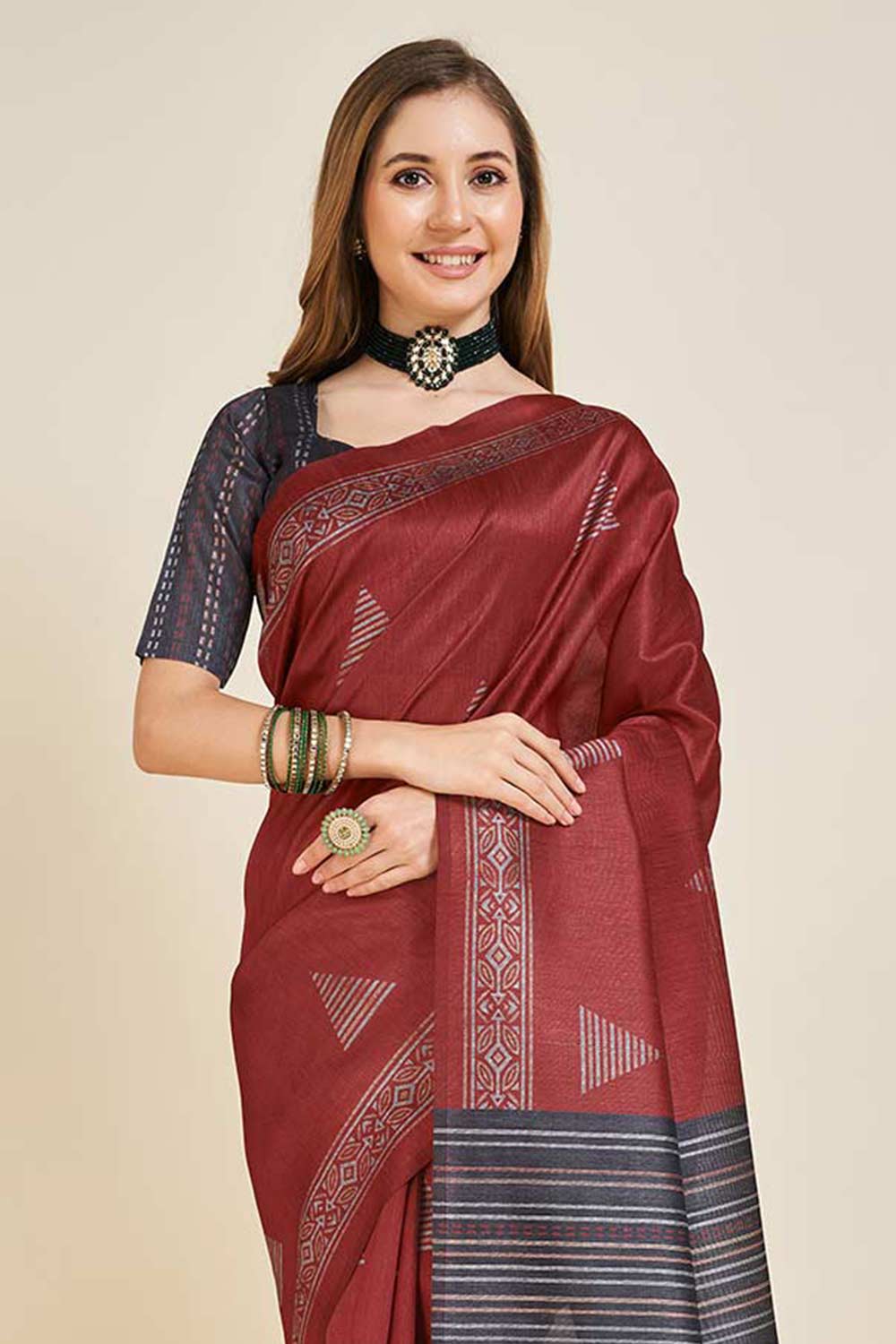 MARRON Sofi Silk Geometric Saree