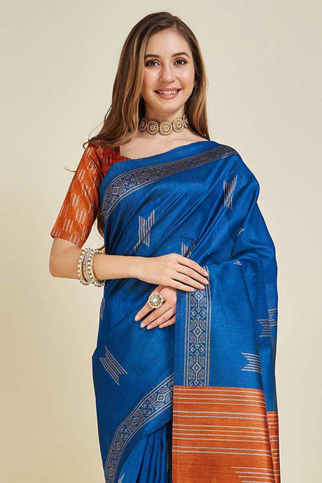 BLUE Sofi Silk Geometric Saree