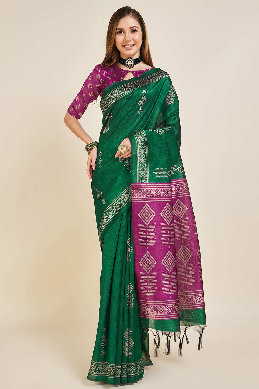 GREEN Sofi Silk Geometric Saree