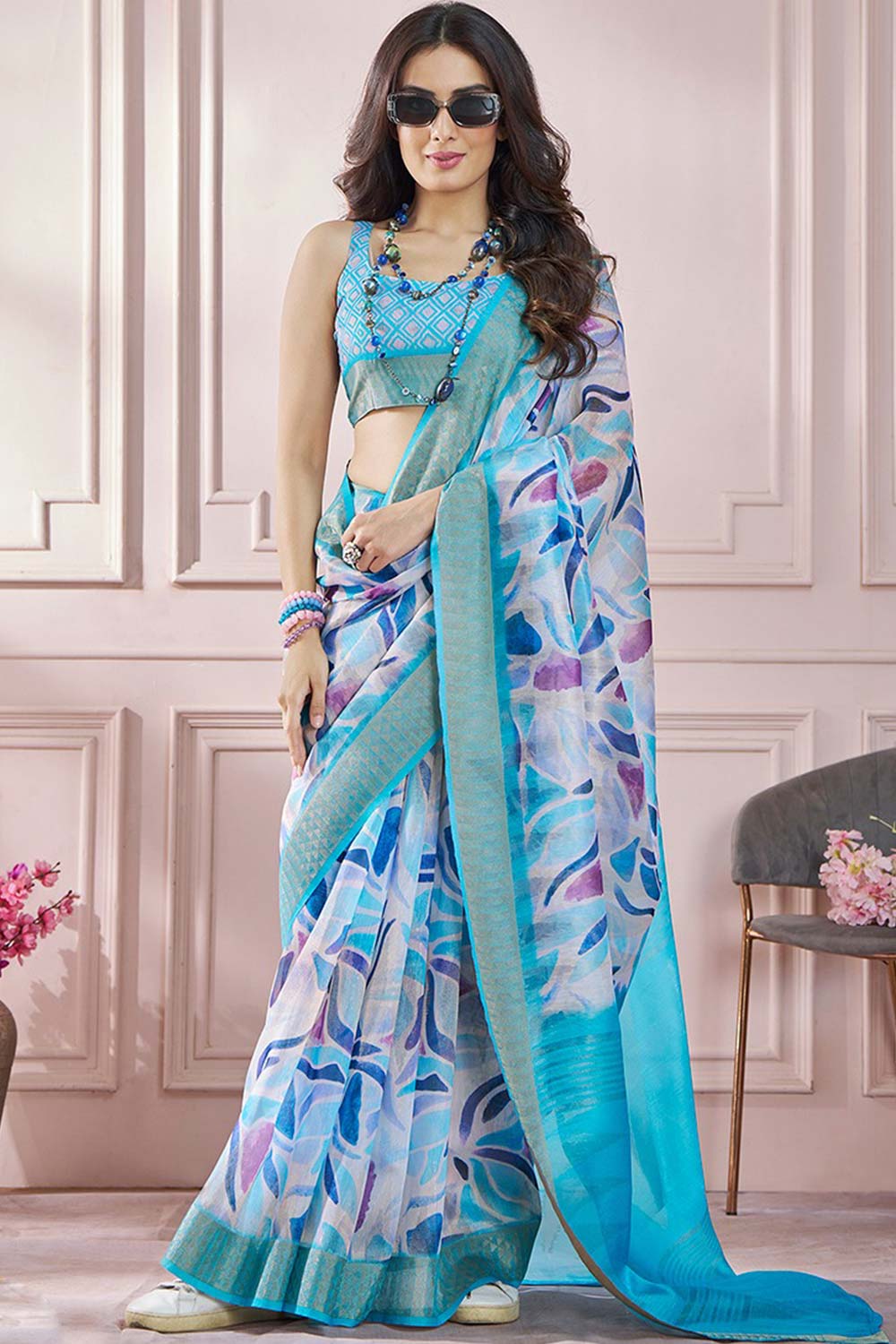 Blue Printed Silk Saree