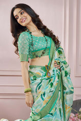 Green Printed Silk Saree