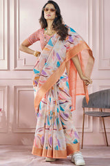 White Printed Silk Saree