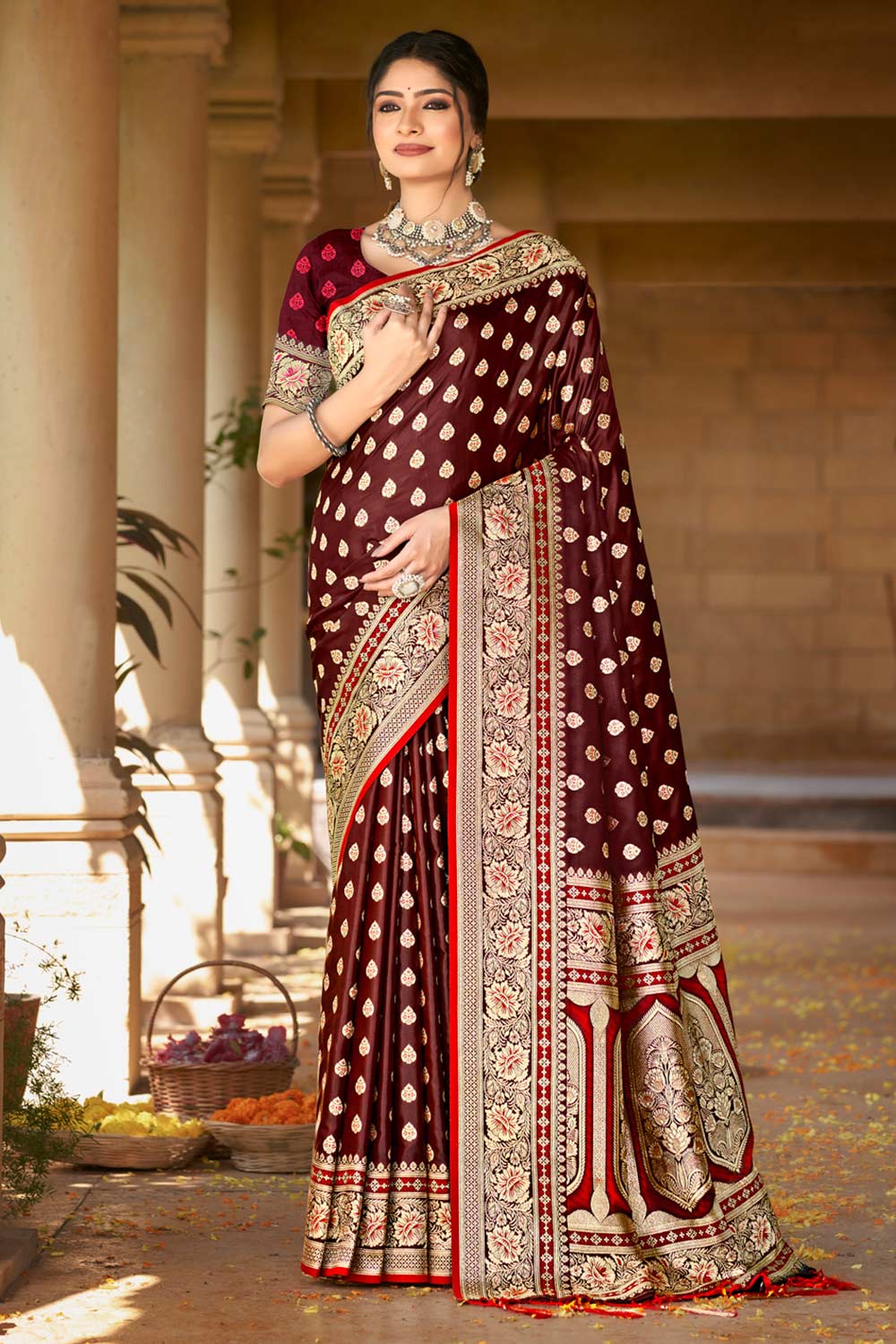 Maroon Satin Silk Woven Saree