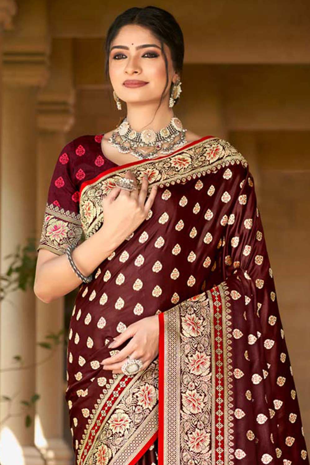 Maroon Satin Silk Woven Saree