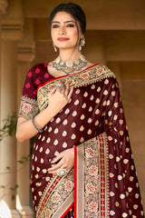 Maroon Satin Silk Woven Saree