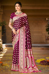 Wine Satin Silk Woven Saree