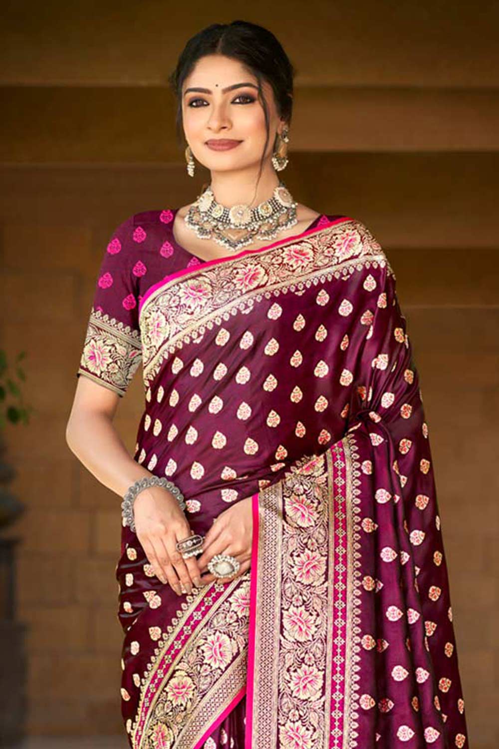 Wine Satin Silk Woven Saree