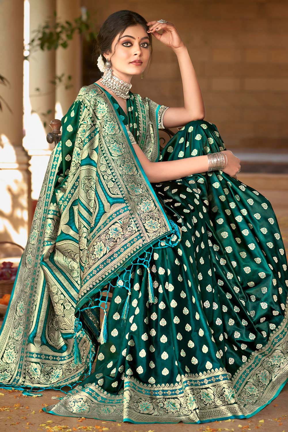 Dark Green Satin Silk Woven Saree