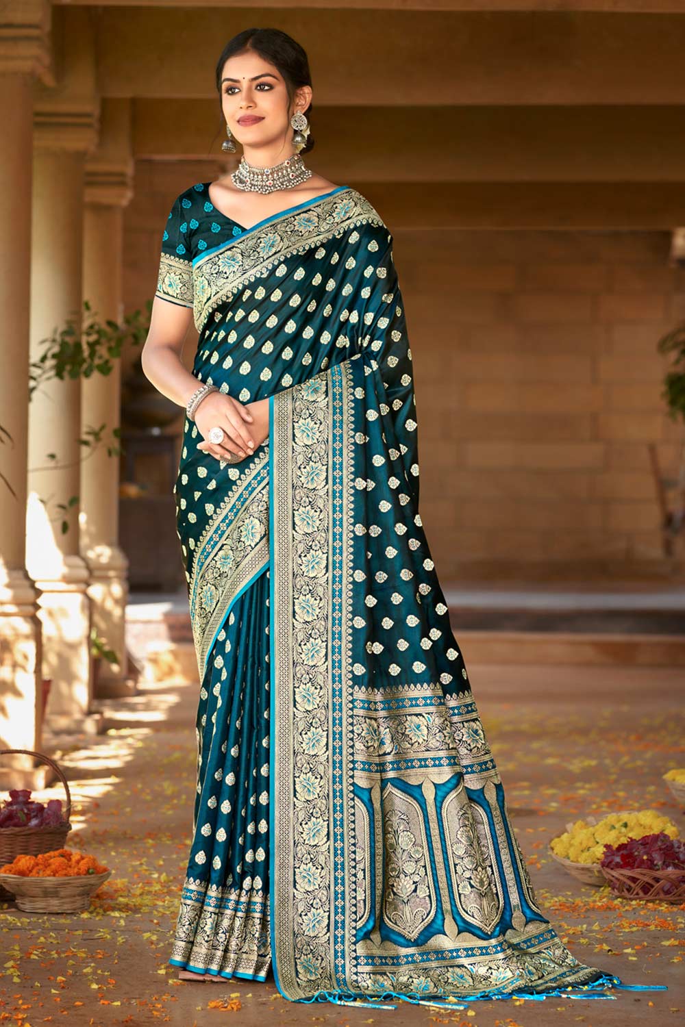 Teal Satin Silk Woven Saree